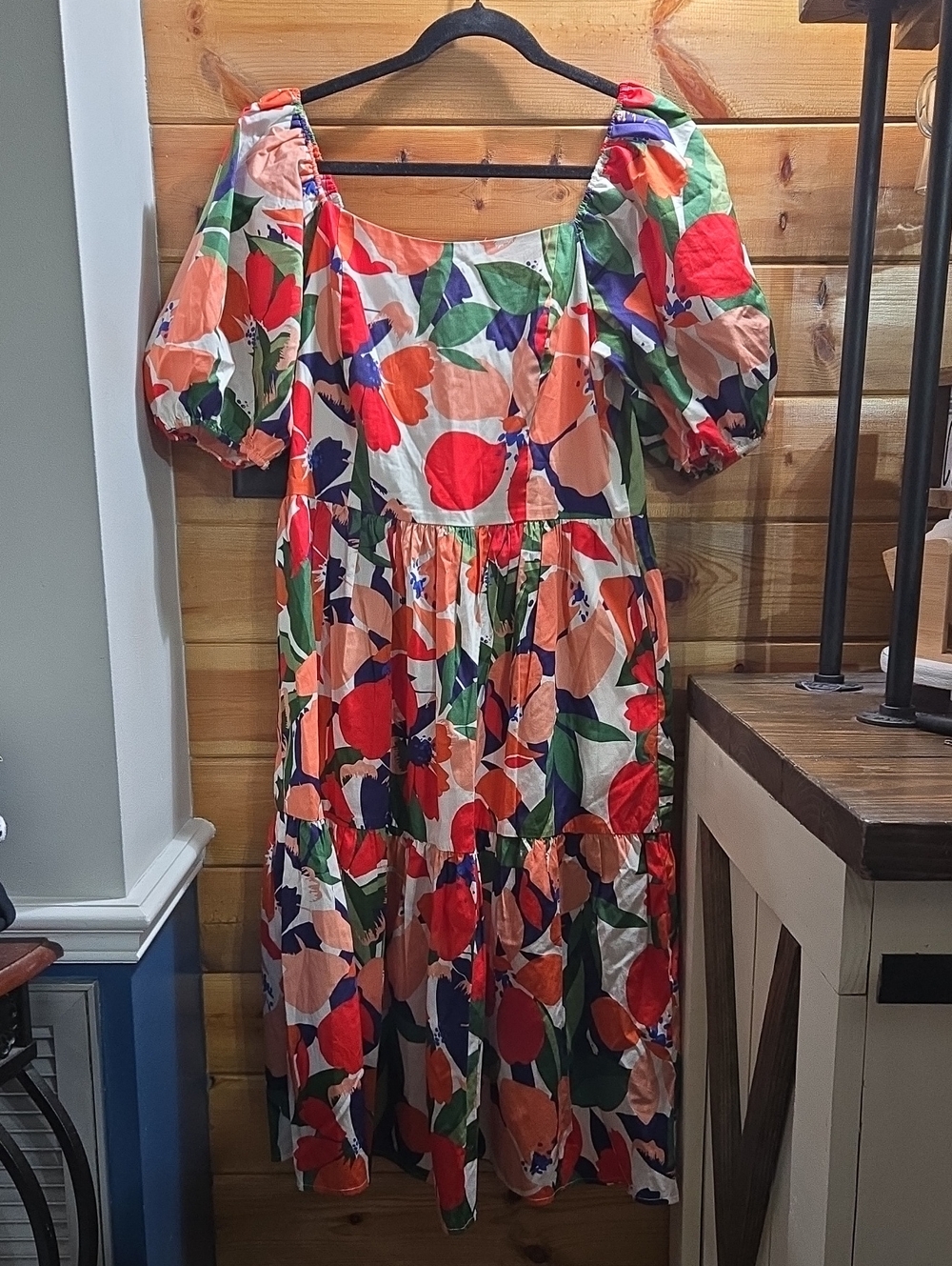 Vince Camuto Floral & Fruit Puff-Sleeve Midi Dress 100% Cotton Size 14